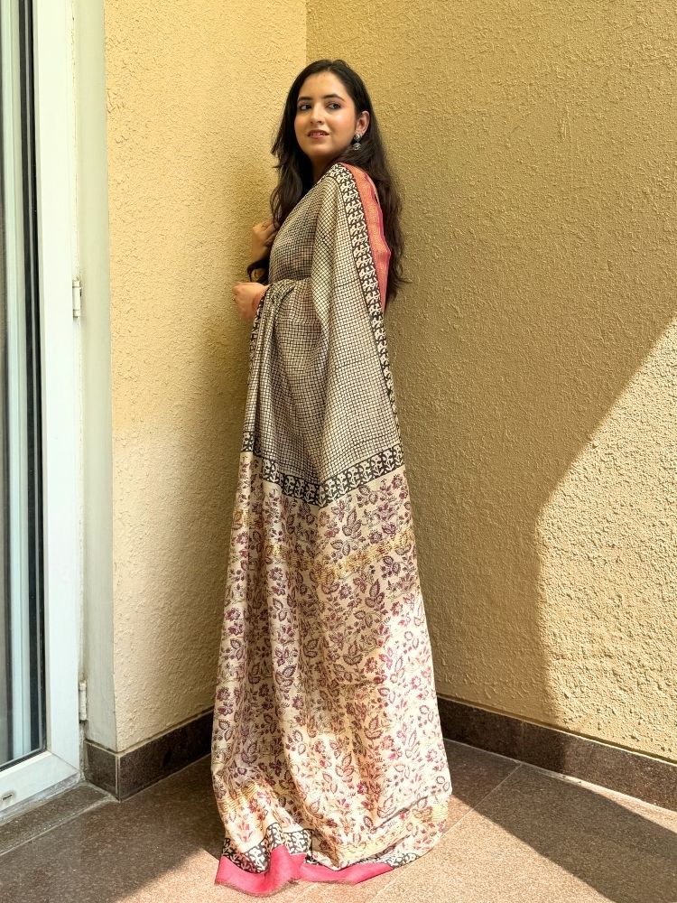 Royal Harmony – Black & Pink Maheshwari Silk Cotton Saree with Check Print